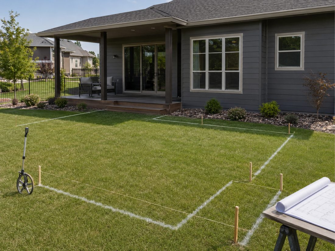 Patio site staked and measured for a free Gomez Concrete estimate at a Sioux Falls, SD home