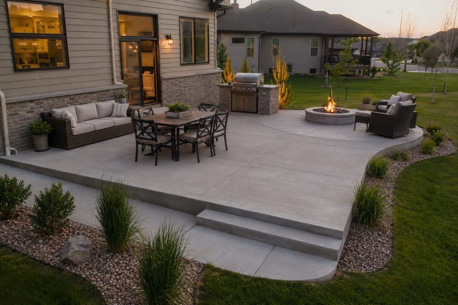 Concrete patio with fire pit and outdoor kitchen in Sioux Falls, SD