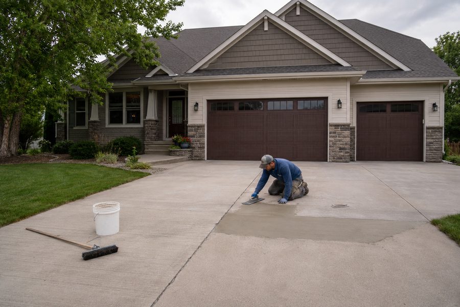 Technician hand-finishing a concrete driveway repair in Sioux Falls, SD