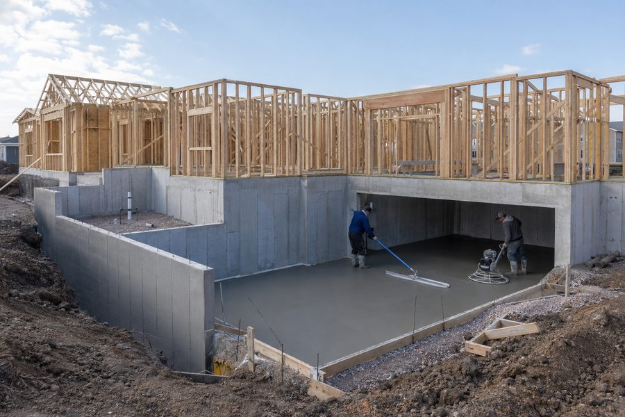 Crew finishing a poured foundation and garage floor in Sioux Falls, SD