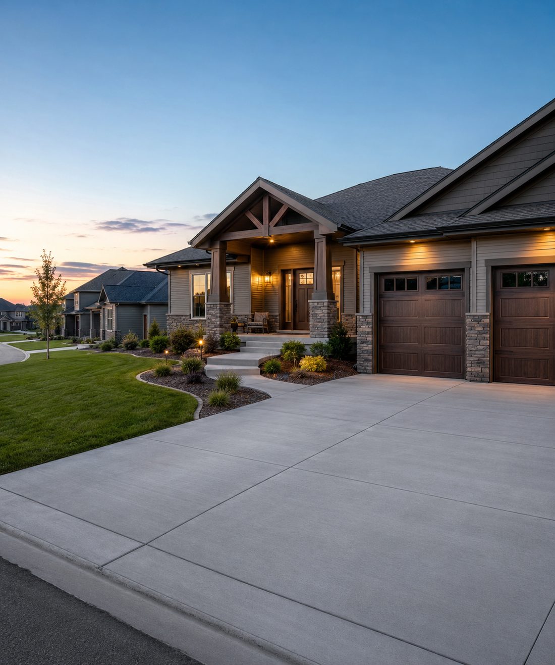 Finished concrete driveway and front walkway at a Sioux Falls, SD home at dusk