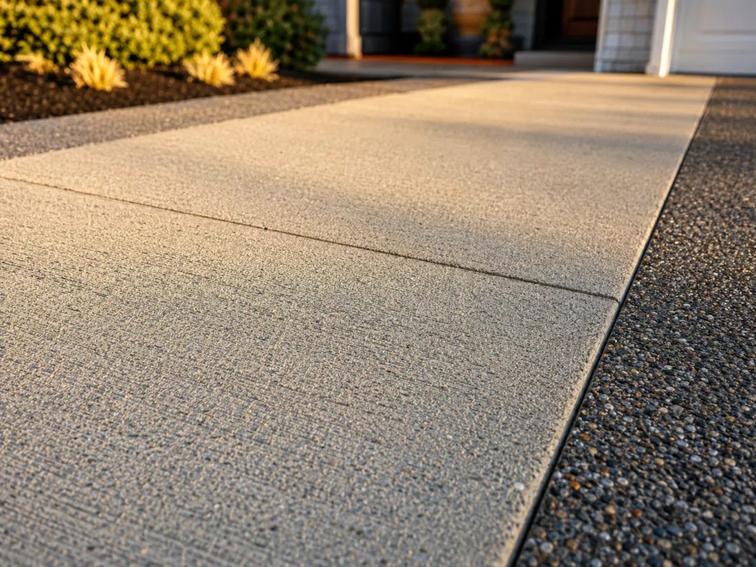 Close-up of broom-finish concrete driveway texture with exposed aggregate border in Sioux Falls, SD