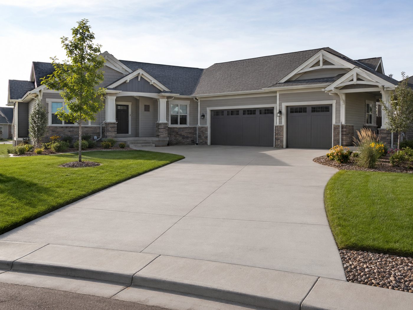 New concrete driveway at a three-car garage home in Sioux Falls, SD