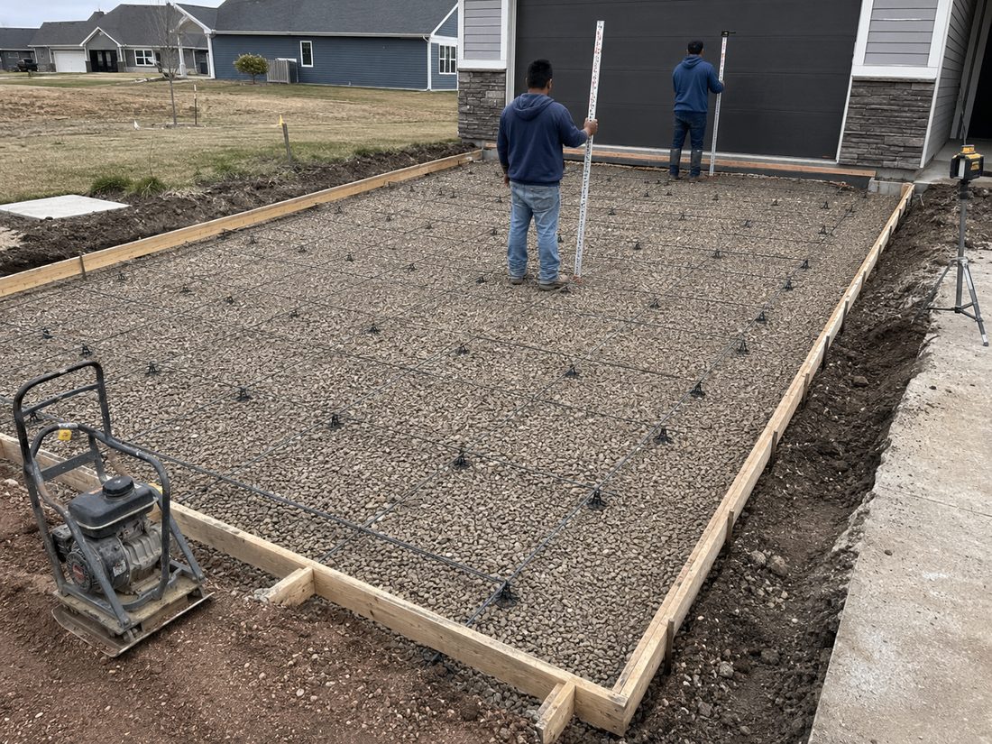 Gomez Concrete crew checking grade over compacted base and rebar before a driveway pour in Sioux Falls, SD