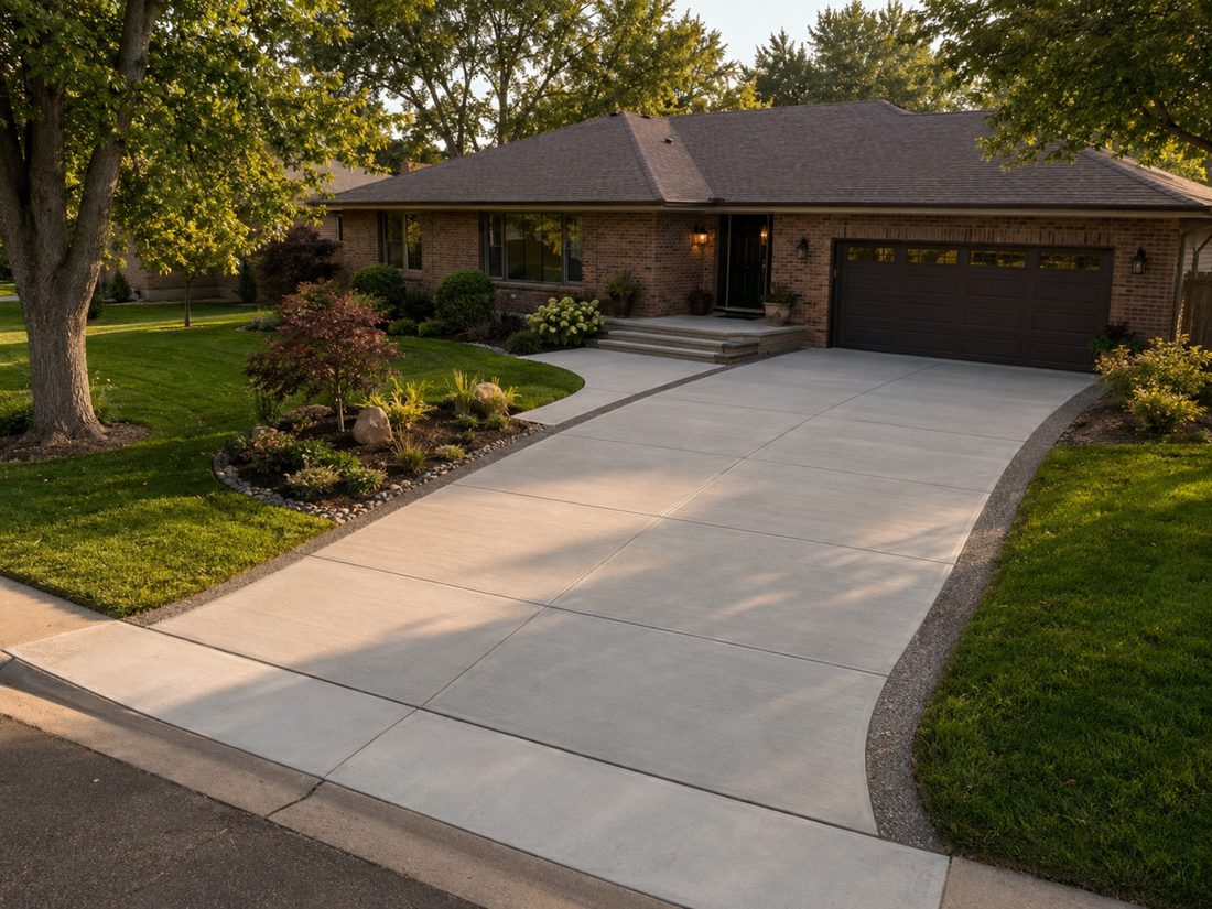 New broom-finish concrete driveway with river rock border at a brick ranch home in Sioux Falls, SD