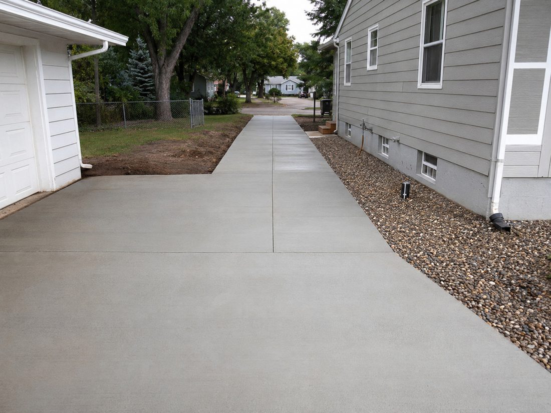 Fresh full-length concrete driveway replacement beside a Sioux Falls, SD home