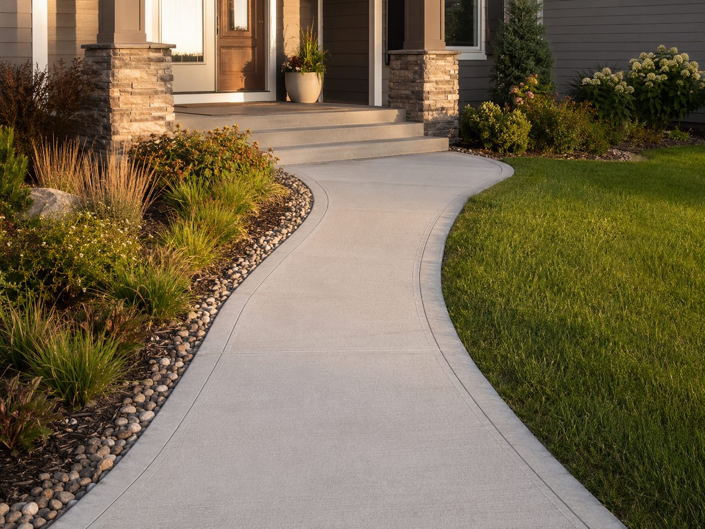 Curved concrete front walkway with border banding in Sioux Falls, SD