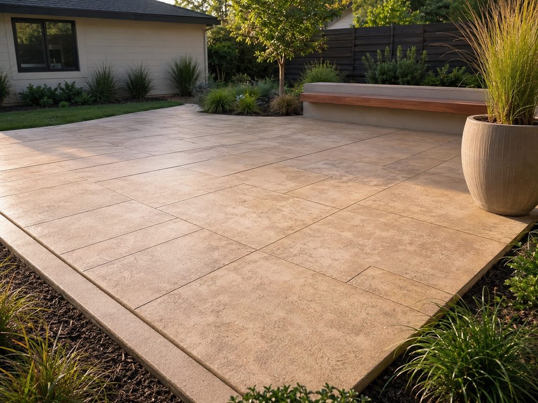 Stamped concrete patio with a warm plank-tile pattern and built-in bench in a Sioux Falls, SD backyard